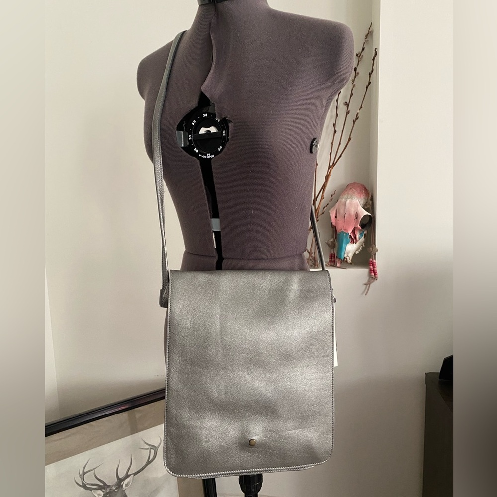Eileen Fisher Leather Crossbody Messenger Bag in Gray NWT